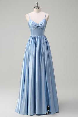 Sky Blue Spaghetti Straps Satin Long Bridesmaid Dress with Slit