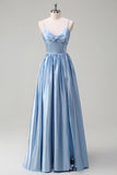 Sky Blue A-Line Spaghetti Straps Ruched Split Long Bridesmaid Dress with Lace Up Back