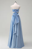 Sky Blue A-Line Spaghetti Straps Ruched Split Long Bridesmaid Dress with Lace Up Back