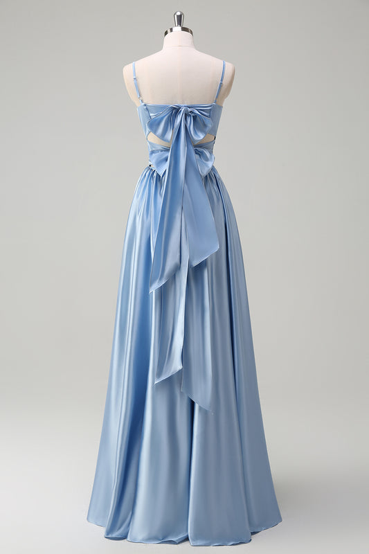 Sky Blue Spaghetti Straps Satin Long Bridesmaid Dress with Slit