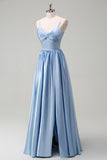 Sky Blue Spaghetti Straps Satin Long Bridesmaid Dress with Slit