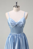 Sky Blue Spaghetti Straps Satin Long Bridesmaid Dress with Slit