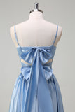 Sky Blue Spaghetti Straps Satin Long Bridesmaid Dress with Slit