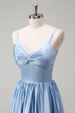 Sky Blue Spaghetti Straps Satin Long Bridesmaid Dress with Slit