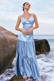 Sky Blue A-Line Spaghetti Straps Satin Long Bridesmaid Dress