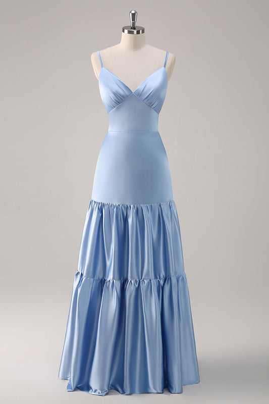 Sky Blue A-Line Spaghetti Straps Satin Long Bridesmaid Dress