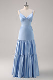 Sky Blue A-Line Spaghetti Straps Satin Long Bridesmaid Dress