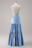 Sky Blue A-Line Spaghetti Straps Satin Long Bridesmaid Dress