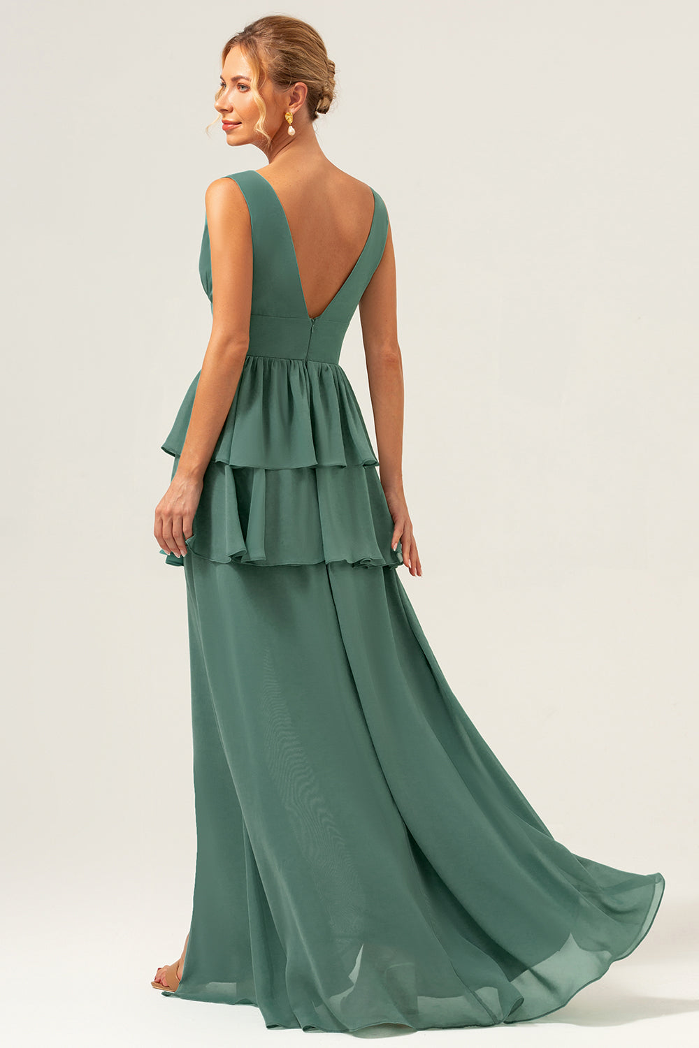 Eucalyptus A Line V Neck Tiered Long Bridesmaid Dress with Slit