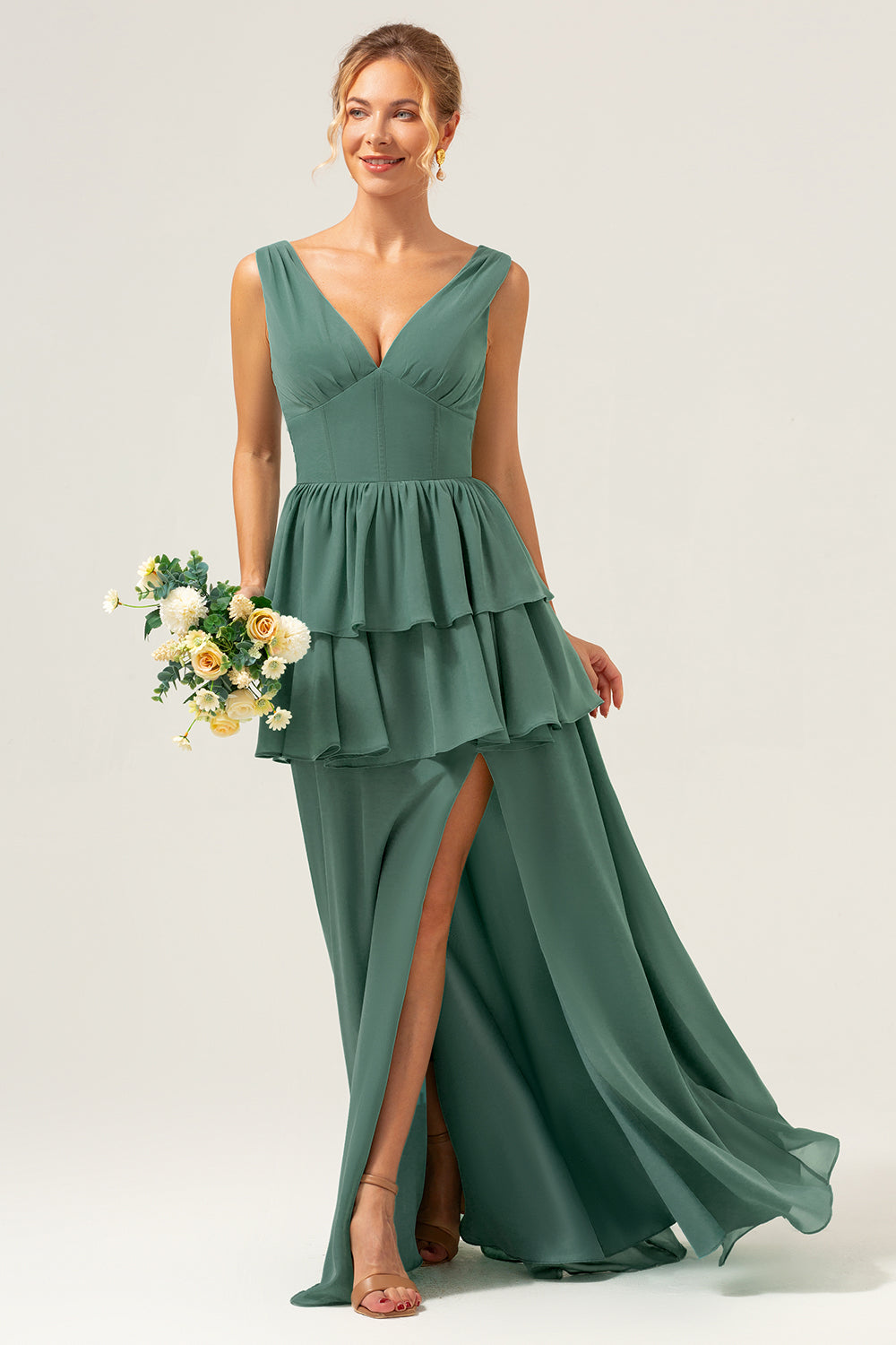 Eucalyptus A Line V Neck Tiered Long Bridesmaid Dress with Slit