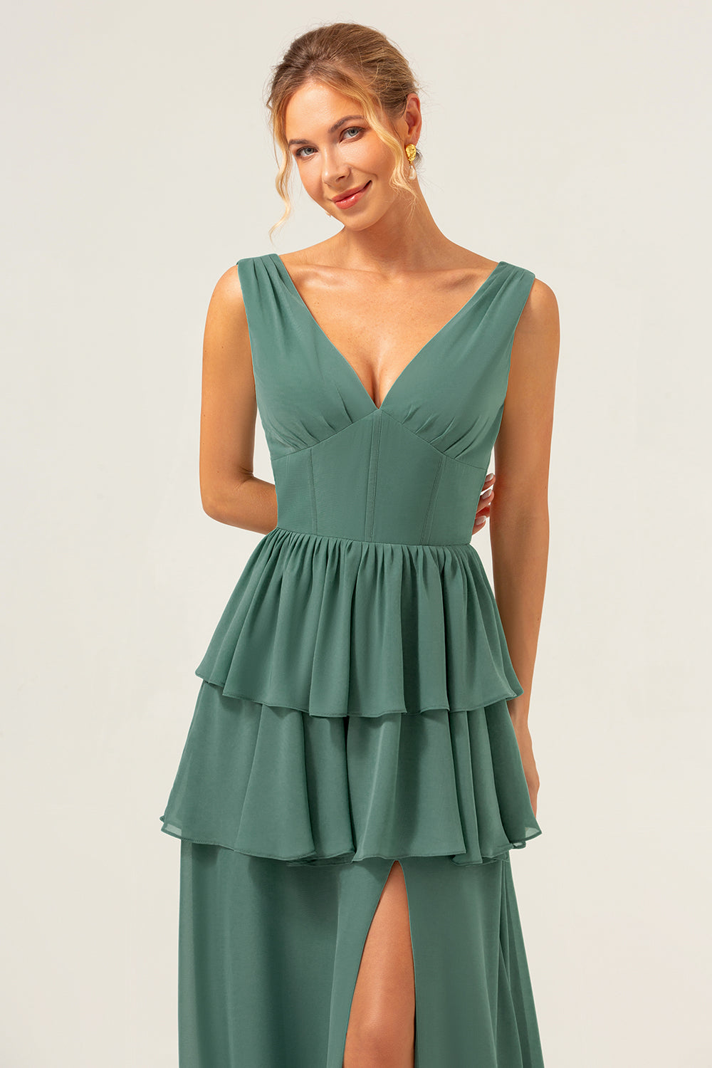 Eucalyptus A Line V Neck Tiered Long Bridesmaid Dress with Slit