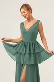 Eucalyptus A Line V Neck Tiered Long Bridesmaid Dress with Slit