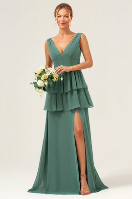 Eucalyptus A Line V Neck Tiered Long Bridesmaid Dress with Slit