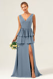 Eucalyptus A Line V Neck Tiered Long Bridesmaid Dress with Slit