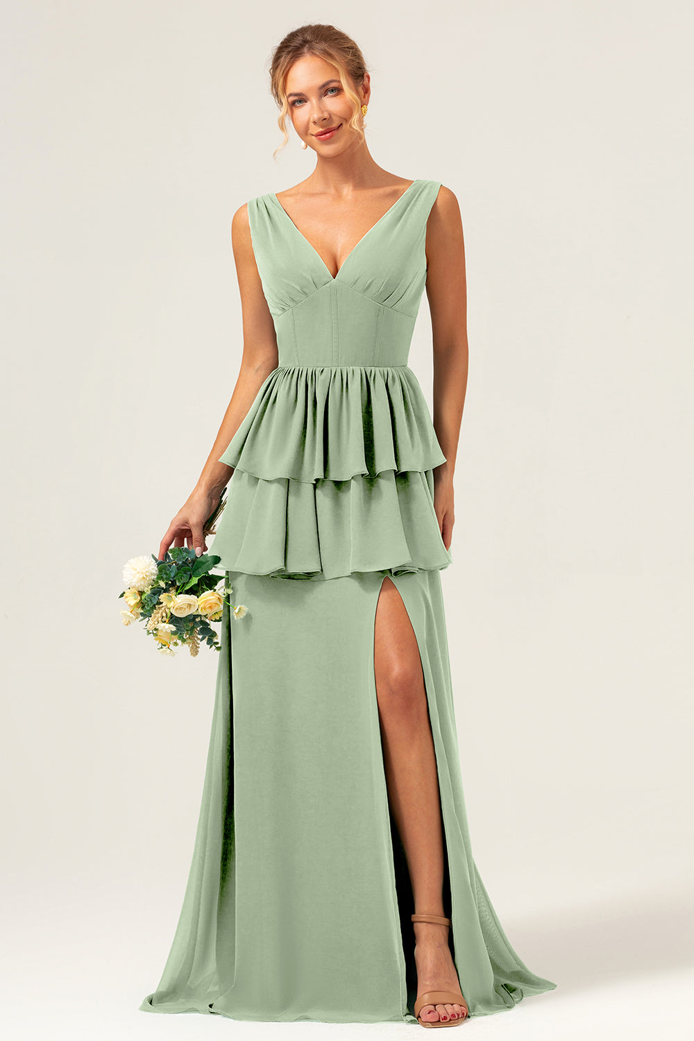 Eucalyptus A Line V Neck Tiered Long Bridesmaid Dress with Slit