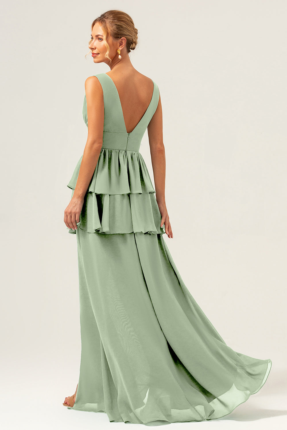 Eucalyptus A Line V Neck Tiered Long Bridesmaid Dress with Slit