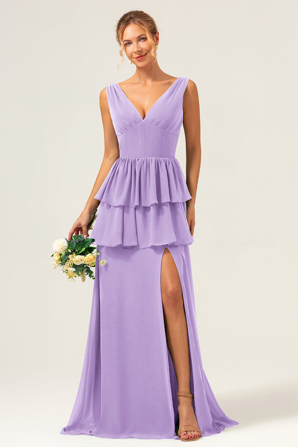 Eucalyptus A Line V Neck Tiered Long Bridesmaid Dress with Slit