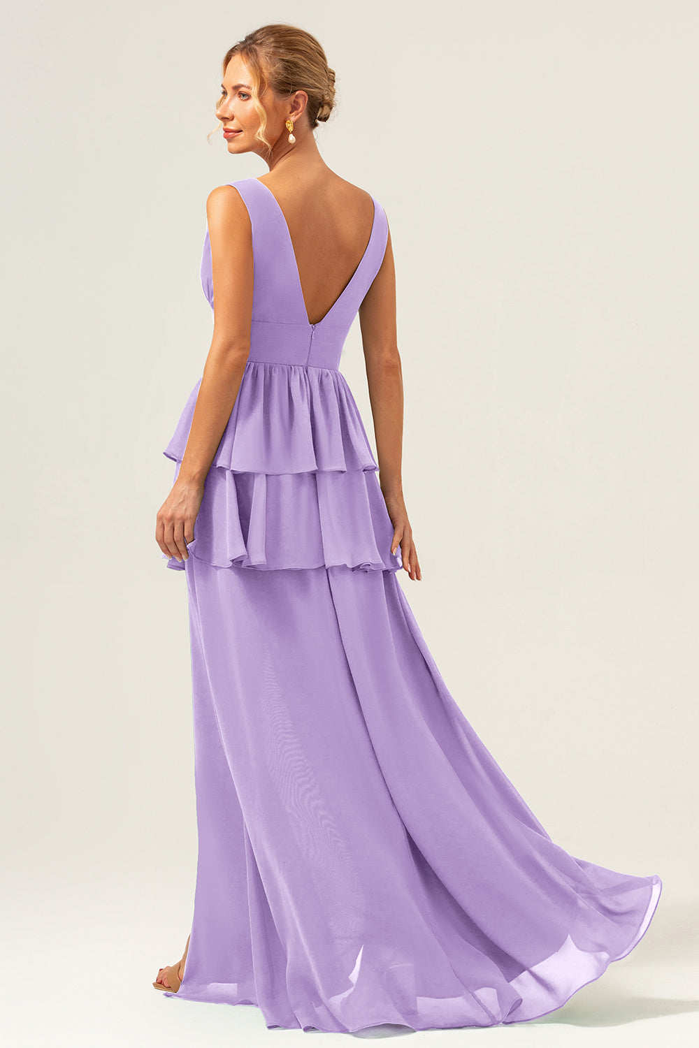 Eucalyptus A Line V Neck Tiered Long Bridesmaid Dress with Slit