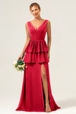 Eucalyptus A Line V Neck Tiered Long Bridesmaid Dress with Slit