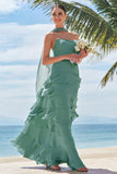 Eucalyptus Strapless Ruffled Bridesmaid Dress with Ribbon