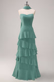 Eucalyptus A Line Strapless Ruffled Long Bridesmaid Dress with Ribbon