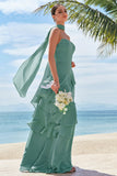 Eucalyptus A Line Strapless Ruffled Long Bridesmaid Dress with Ribbon