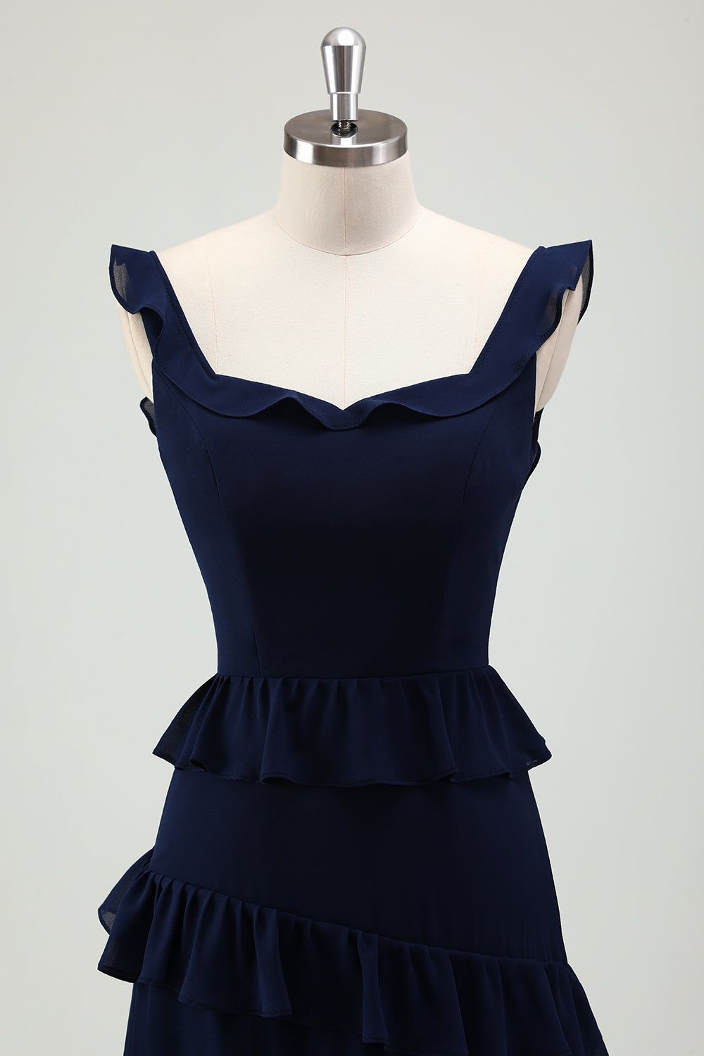 Navy A-Line Chiffon Ruffled Tiered Long Bridesmaid Dress