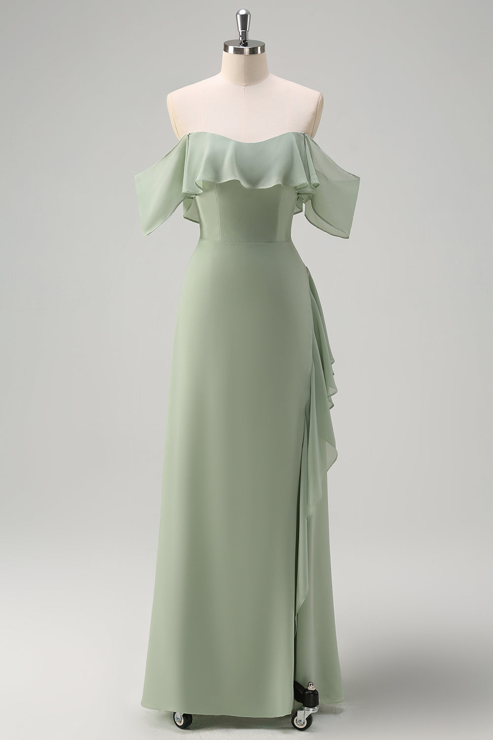 Light Green Mermaid Off the Shoulder Long Bridesmaid Dress with Ruffle Slit