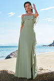 Light Green Off The Shoulder Chiffon Long Bridesmaid Dress