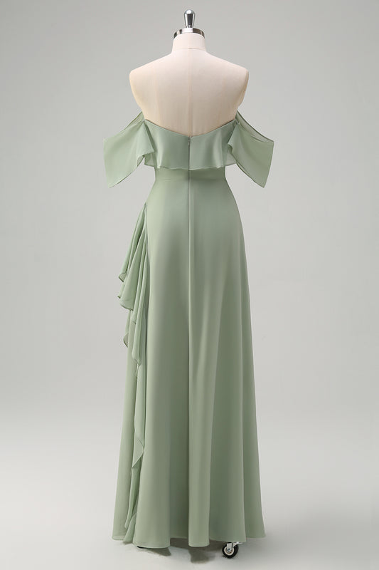 Light Green Off The Shoulder Chiffon Long Bridesmaid Dress