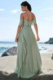 Light Green Mermaid Off the Shoulder Long Bridesmaid Dress with Ruffle Slit