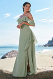 Light Green Mermaid Off the Shoulder Long Bridesmaid Dress with Ruffle Slit