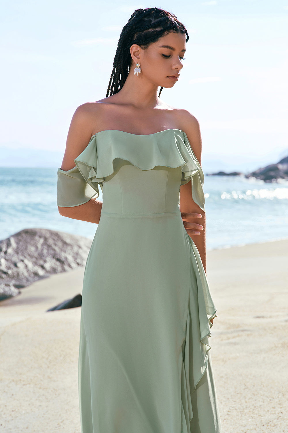 Light Green Mermaid Off the Shoulder Long Bridesmaid Dress with Ruffle Slit