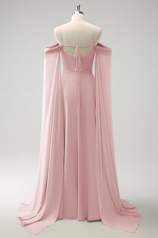 Blush Pink Cold Shoulder A-Line Long Bridesmaid Dress with Detachable Sleeves