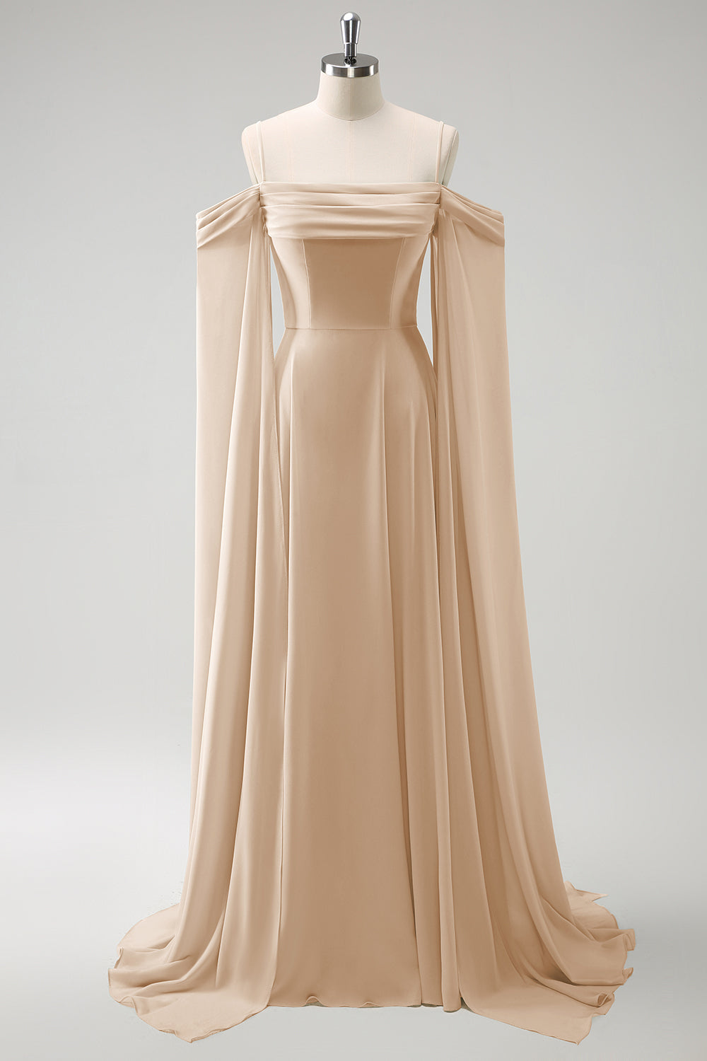 Eucalyptus Cold Shoulder Detachable Sleeves A-Line Chiffon Long Bridesmaid Dress