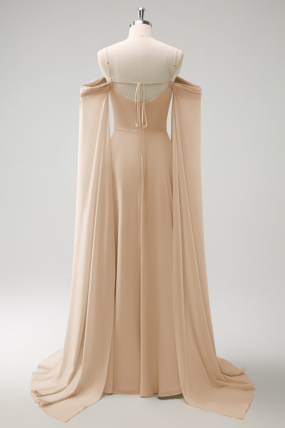 Eucalyptus Cold Shoulder Detachable Sleeves A-Line Chiffon Long Bridesmaid Dress