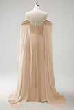 Eucalyptus Cold Shoulder Detachable Sleeves A-Line Chiffon Long Bridesmaid Dress