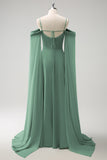 Eucalyptus Cold Shoulder Detachable Sleeves A-Line Chiffon Long Bridesmaid Dress