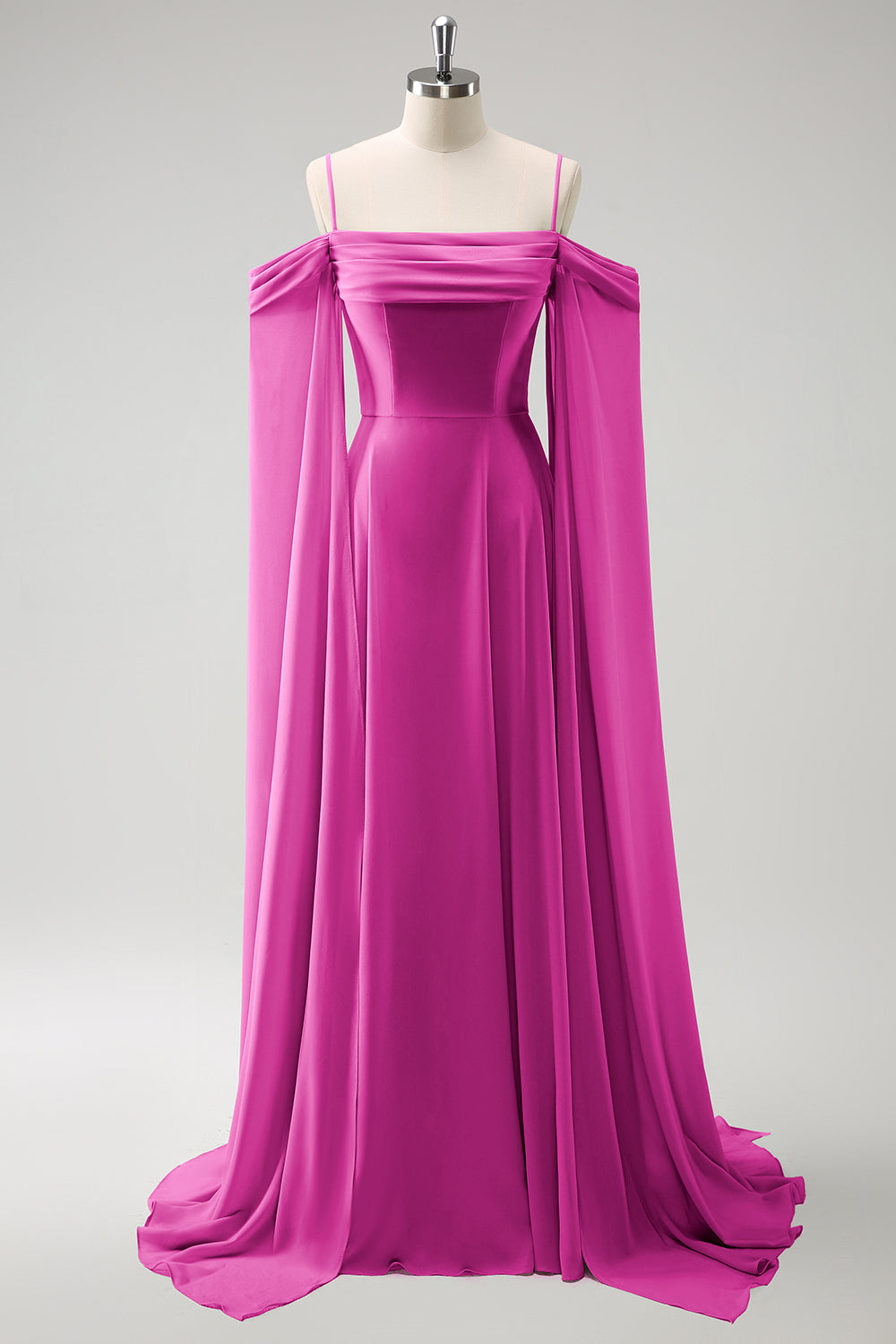 Eucalyptus Cold Shoulder Detachable Sleeves A-Line Chiffon Long Bridesmaid Dress