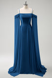 Eucalyptus Cold Shoulder Detachable Sleeves A-Line Chiffon Long Bridesmaid Dress