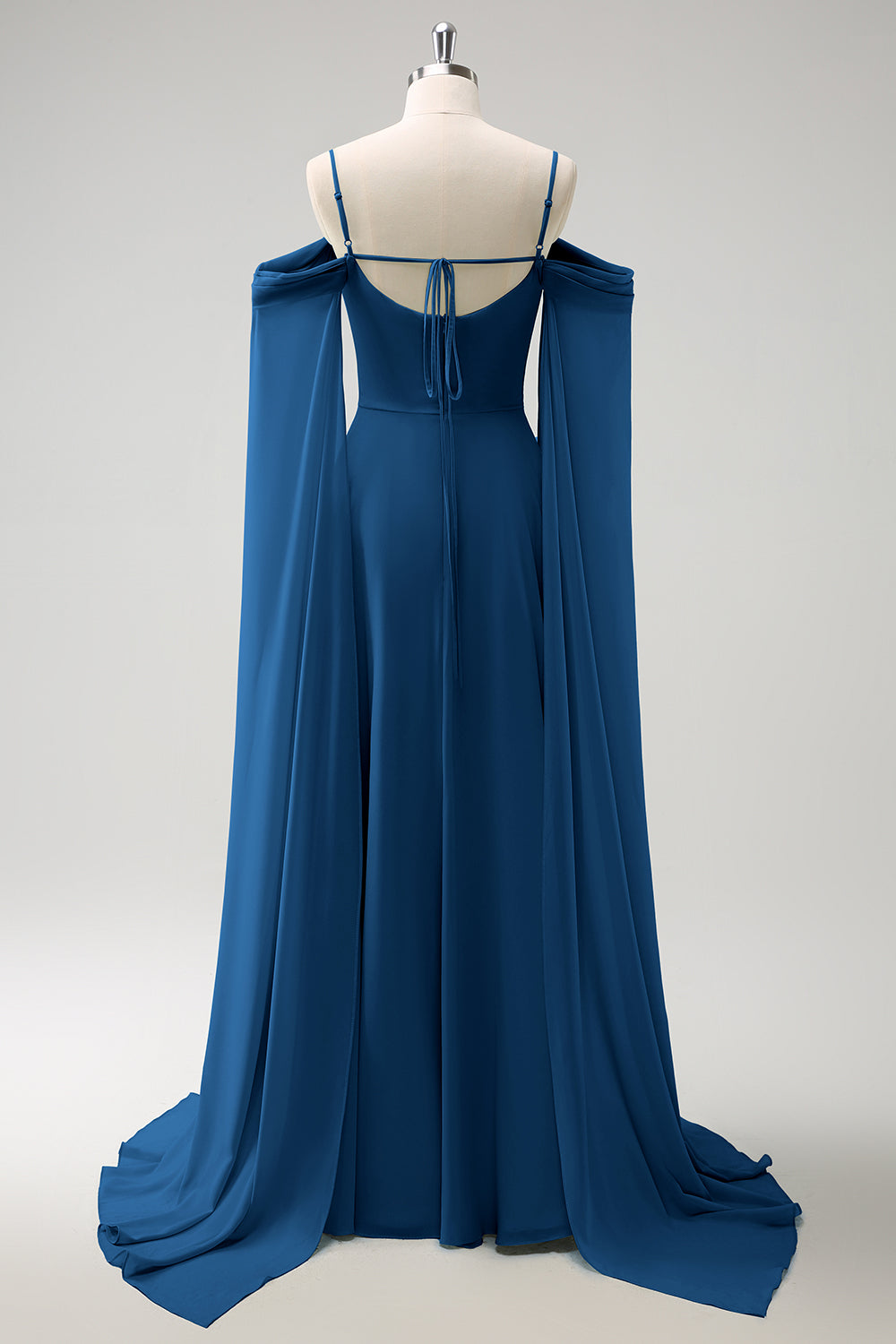 Eucalyptus Cold Shoulder Detachable Sleeves A-Line Chiffon Long Bridesmaid Dress