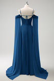 Eucalyptus Cold Shoulder Detachable Sleeves A-Line Chiffon Long Bridesmaid Dress