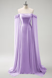 Eucalyptus Cold Shoulder Detachable Sleeves A-Line Chiffon Long Bridesmaid Dress