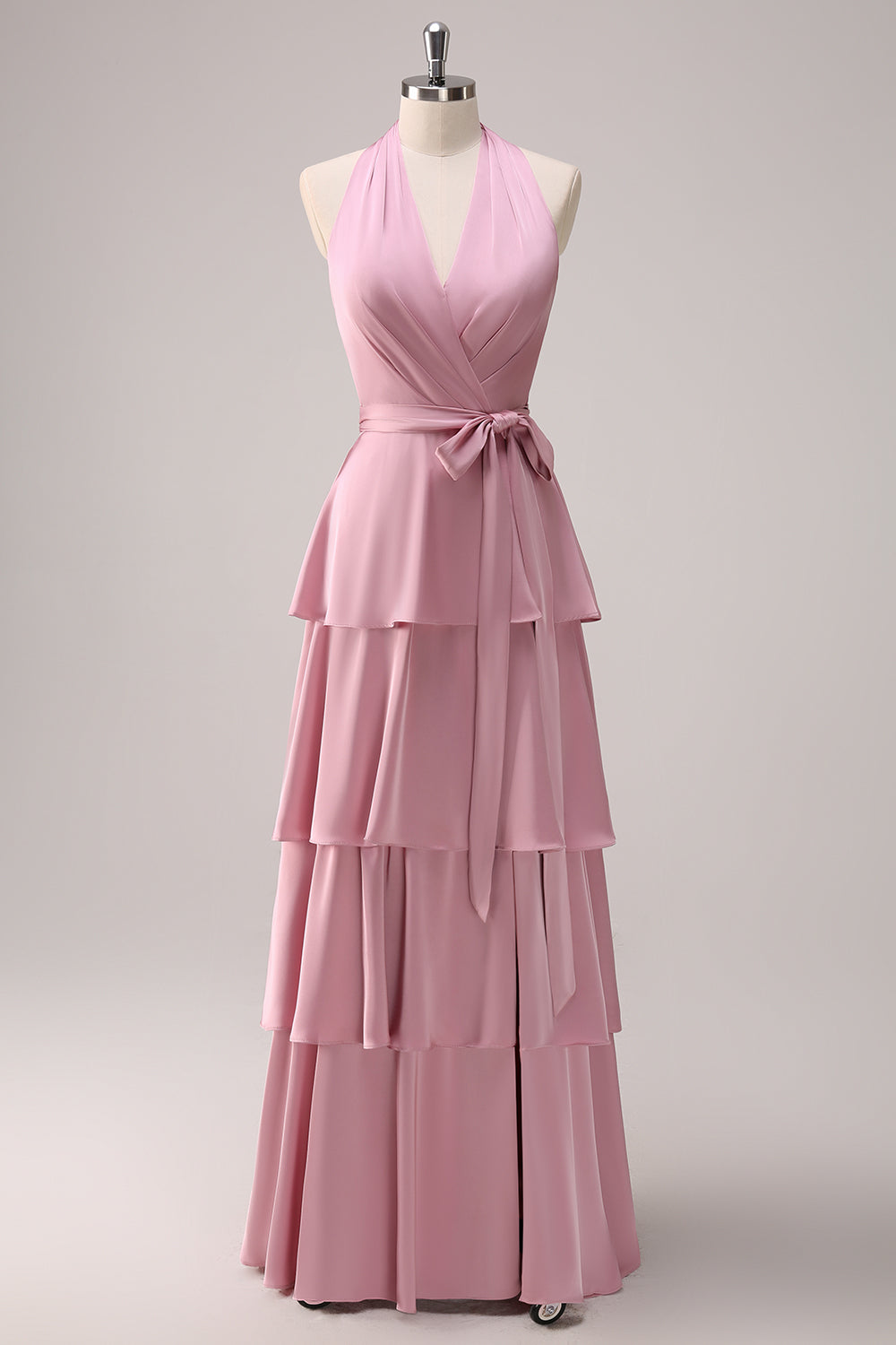 Pink Halter Tiered A-Line Bridesmaid Dress with Sash