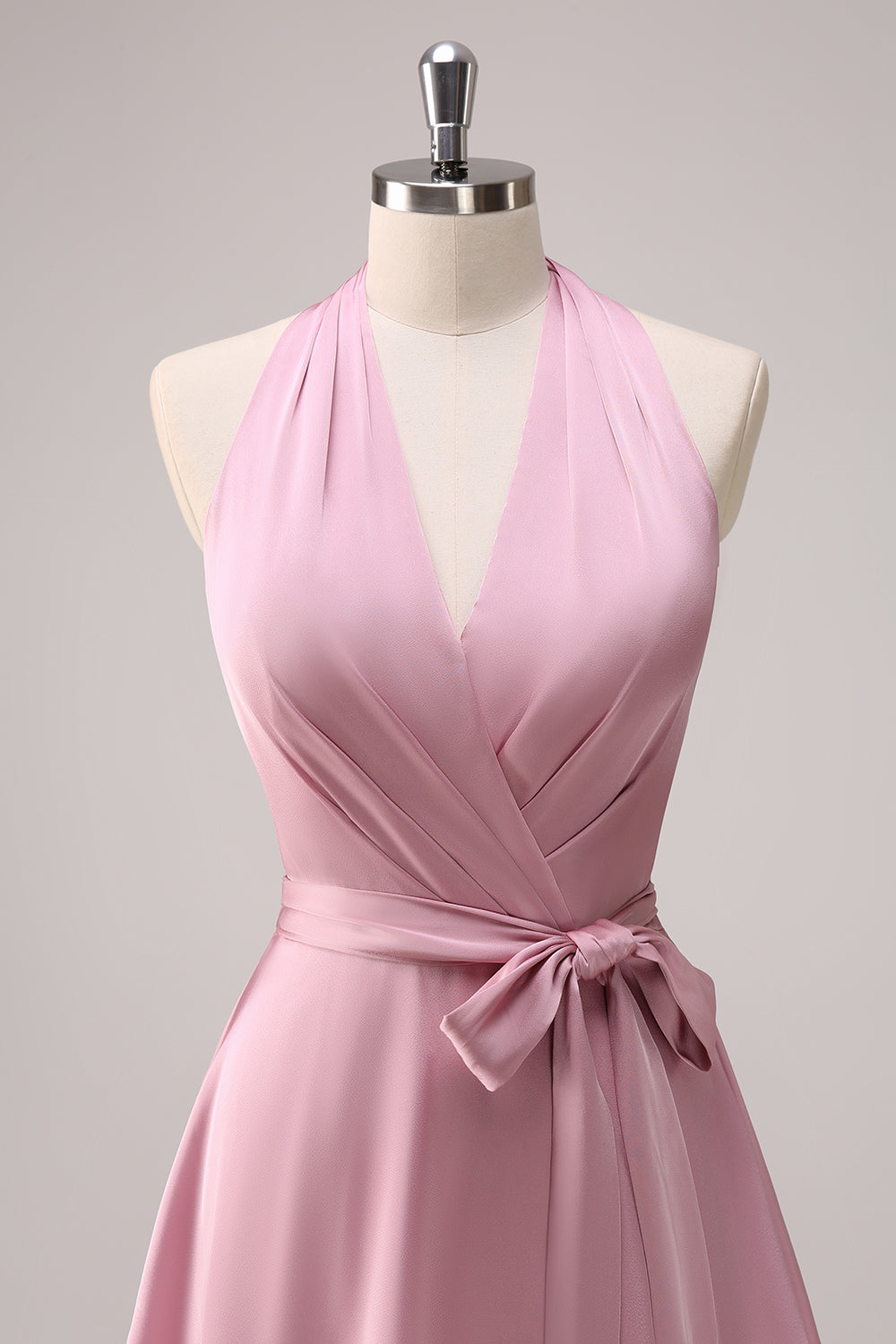 Pink Halter Tiered A-Line Bridesmaid Dress with Sash