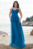 Dark Blue Spaghetti Straps A-Line Tulle Long Bridesmaid Dress