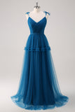 Dark Blue A-Line Spaghetti Straps Pleated Long Bridesmaid Dress