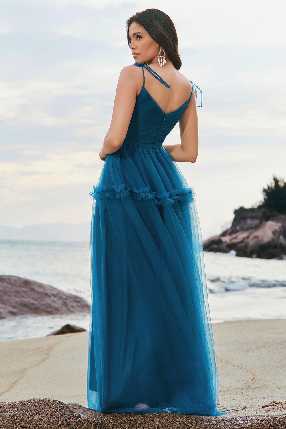 Dark Blue Spaghetti Straps A-Line Tulle Long Bridesmaid Dress