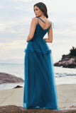 Dark Blue Spaghetti Straps A-Line Tulle Long Bridesmaid Dress