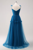 Dark Blue A-Line Spaghetti Straps Pleated Long Bridesmaid Dress